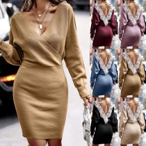 Fashion V-neck Long Sleeve Backless with Lace Spliced Knitted Bodycon Dress