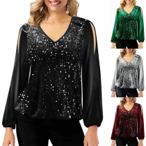 Sexy Sequin Spliced Gauze Long Sleeve V-neck Shirt