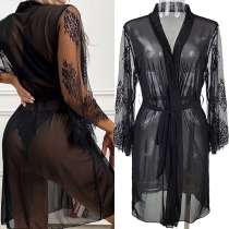 Sexy Lace Spliced Self-tie Two-piece Lingerie Robe Set