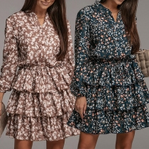 Fashion Floral Printed Long Sleeve Tiered Dress