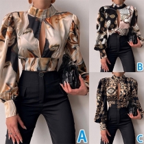 Sexy Floral Printed Mock Neck Cutout Self-tie Backless Latern Long Sleeve Crop Shirt