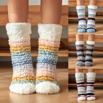 Women Plush Contrast Color Stipe Printed Slipper Socks