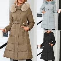 Fashion Color Color Artificial Fur Spliced Long Sleeve Quilted Longline Coat with Belt