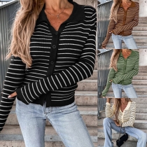 Fashion Contrast Color Stripe Printed Long Sleeve V-neck Buttoned Knitted Cardigan
