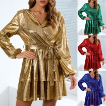 Fashion Bling-bling Solid Color Long Sleeve V-neck Tiered Pleated Mini Self-tie Dress