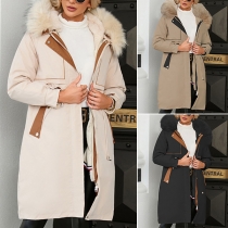 Fashion Contrast Color Artificial Fur Spliced Long Sleeve Drawstring Longline Coat