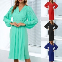 Fashion Solid Color Lantern Long Sleeve V-neck Pleated Dress