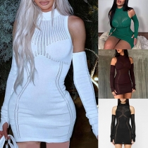 Sexy Semi-through Mock Neck Open-shoulder Long Sleeve Bodycon Knitted Dress