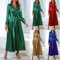 Fashion Bling-bling V-neck Long Sleeve Self-tie Dress