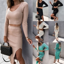 Fashion Solid Color Two-piece Set Consist of Long Sleeve Crop Top and Slit Skirt