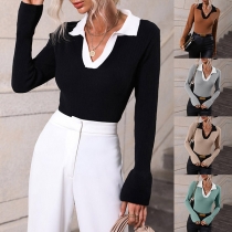 Fashion Contrast Color Stand Collar Long Trumpet Sleeve Shirt