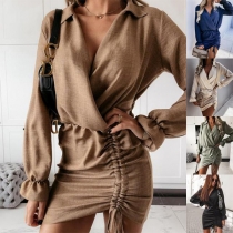 Fashion Solid Color Long Sleeve Buttoned V-neck Drawstring Ruched Bodycon Dress