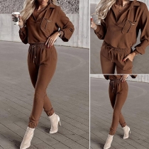 Fashion Solid Color Sport Set Consist of V-neck Crop Top and Drawstring Pants