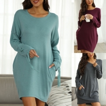 Casual Solid Color Long Sleeve Round Neck Shirt Dress