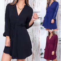 Fashion Solid Color Sequined Spliced Long Sleeve V-neck Self-tie Shirt Dress