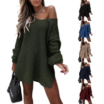 Sexy Solid Color Long Sleeve V-neck One-shoulder Knitted Sweater Dress