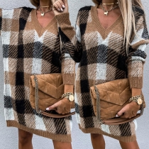 Fashion Contrast Color Checkered V-neck Long Sleeve Sweater Dress
