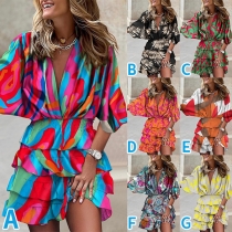 Fashion Floral Printed Elbow Sleeve V-neck Tiered Dress