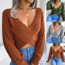 Sexy Solid Color V-neck Cross-criss Long Sleeve Crop Sweater