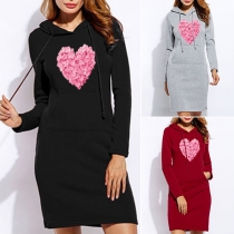 Fashion Heart Printed Elbow Sleeve Hoodied Bodycon Dress