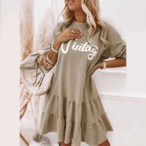 Casual Letter Printed Round Neck Long Sleeve Tiered Dress