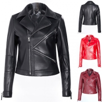 Motor Style Solid Color Zipper Notch Lapel Long Sleeve Artificial Leather PU Jacket