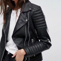 Motor Fashion Notch Lapel Ruched Quilted Long Sleeve Zipper Artificial Leather PU Jacket