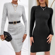 Fashion Solid Color Round Neck Long Sleeve Knitted Bodycon Dress