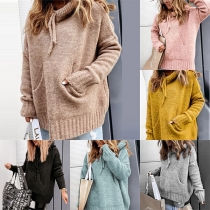 Fashion Solid Color Drawstring Turtleneck Long Sleeve Kangaroo Pocket Knitted Sweater