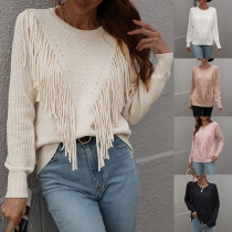 Fashion Solid Color Tassel Round Neck Long Sleeve Sweater