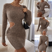 Sexy Solid Color Round Neck Long Sleeve Side Cutout Knitted Dress