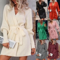 Fashion Solid Color V-neck Long Sleeve Self-tie Wrap Sweater Dress