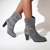 Vintage Bling-bling Chunky Heel High Heel Martin Boots with Buckle