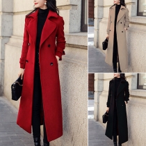 Fashion Solid Color Notch Lapel Doubel Breasted Longline Jacket