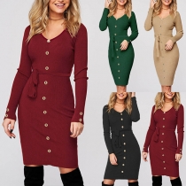 Fashion Solid Color Buttoned V-neck Long Sleeve Self-tie Bodycon Dress