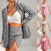 Fashion Houndstooth Printed Suit Set Consist of Long Sleeve Blazer and Button Slit Skirt