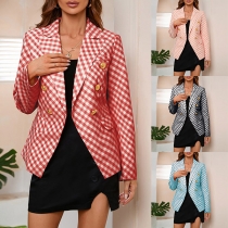 Elegant Contrast Color Checkered Double Breasted Blazer