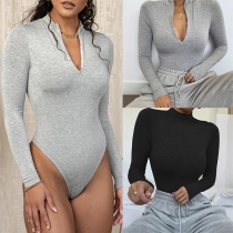 Sexy Solid Color Zipper Mock Neck Long Sleeve Bodysuit