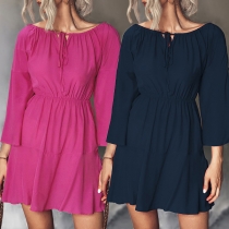 Casual Solid Color Elbow Sleeve Round Neck Mini Dress