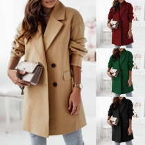 Elegant Solid Color Notch Lapel Double Breasted Long Sleeve Worsted Jacket
