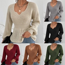 Fashion Solid Color V-neck Long Sleeve Ruffled  Knitted  Shirt