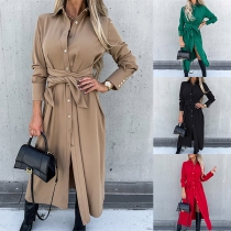 Fashion Solid Color Stand Collar Long Sleeve Self-tie Midi Shirt Dress