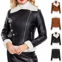 Street Fashion Plush Lined Lapel Artificial Leather PU Jacket