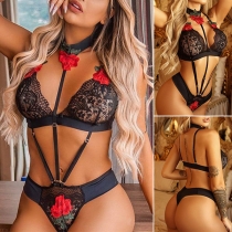 Sexy Halter Rose Embroidery Cutout Lace Lingerie Bodysuit