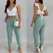Fashion Two-piece Set Consist of Ruffled Crop Top and Pants