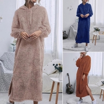 Fashion Solid Color Plush Slit Hooded Pajamas Dress