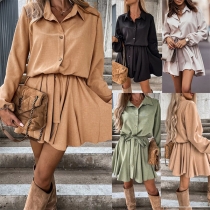 Fashion Solid Color Stand Collar Long Sleeve Self-tie Mini Dress