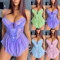 Sexy Lace Spliced V-neck  Lingerie Slip Dress