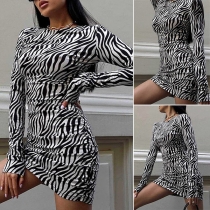 Sexy Zebra Printed Round Neck Long Sleeve Ruched Bodycon Dress