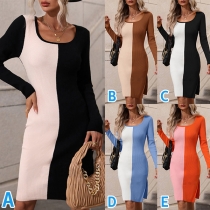 Fashion Contrast Color Long Sleeve Round Neck Slit Bodycon Dress